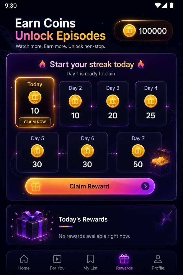 DramaBox clone earn coins and daily streak screen for unlocking episodes