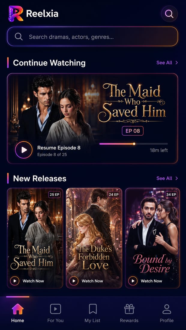 DramaBox clone home screen with continue watching and new short-drama releases